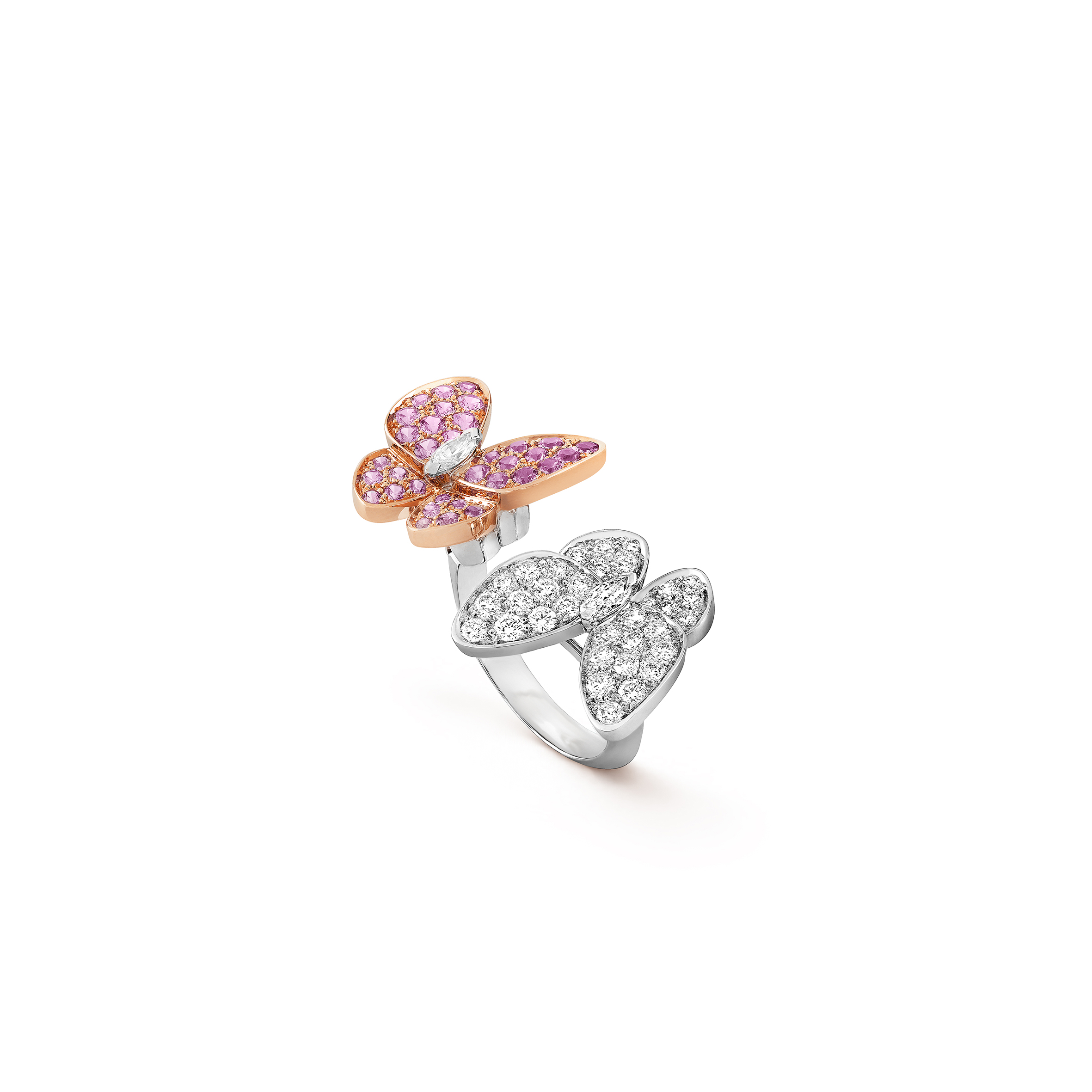 VAN CLEEF ARPELS TWO BUTTERFLY BETWEEN THE FINGER RING - WHITE GOLD, DIAMOND, SAPPHIRE  VCARO3M500